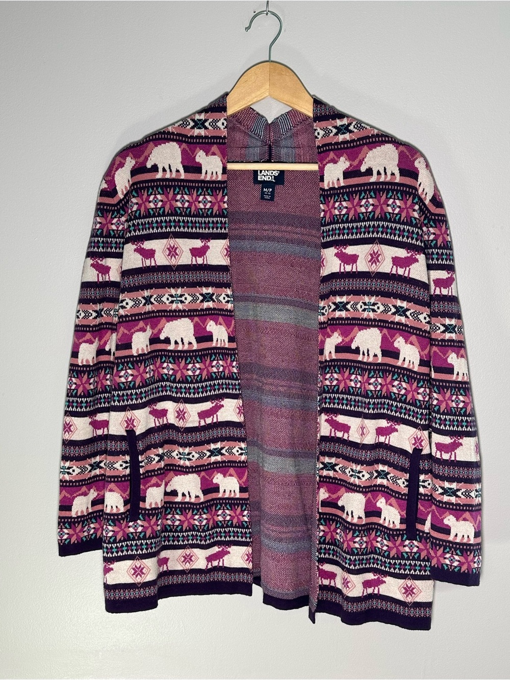 Lands' End 100% Cotton Purple, Pink and White Fair Isle Open Cardigan Medium